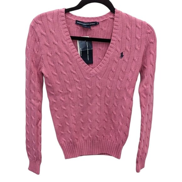 Ralph Lauren Sport Pink 100% Cotton Cable Knit V Neck Pullover Sweater Small S - Picture 1 of 4